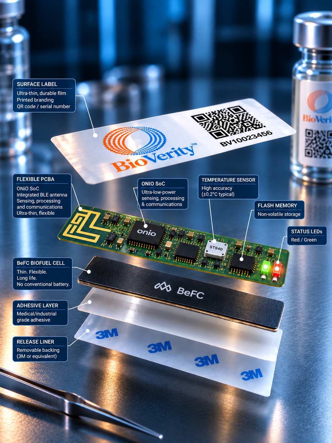 Photorealistic exploded BioVerity device architecture showing surface label, flexible PCBA, integrated BLE antenna, ONiO SoC, temperature sensor, flash memory, status LEDs, BeFC biofuel cell, adhesive and release liner